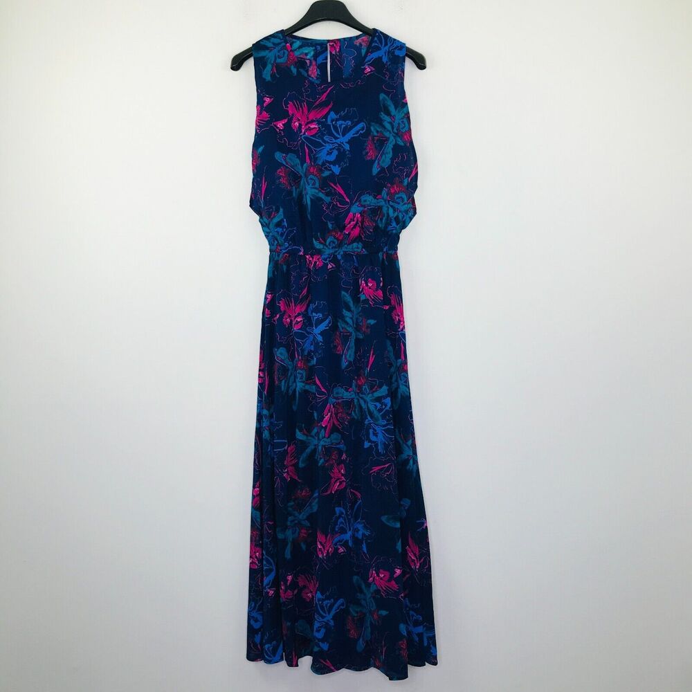 Du Jour Women's XXS Dress Blue Pink Floral Chiffon Maxi Blouson Tank NWOT BU20